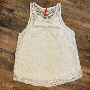 White Lace Bow Tank Top | Sheer Floral Overlay | Size Large